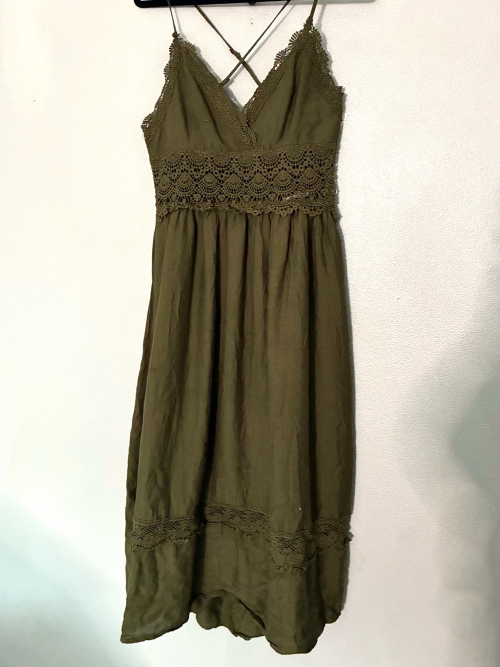 Olive Green Crochet Lace Boho Midi Dress Small